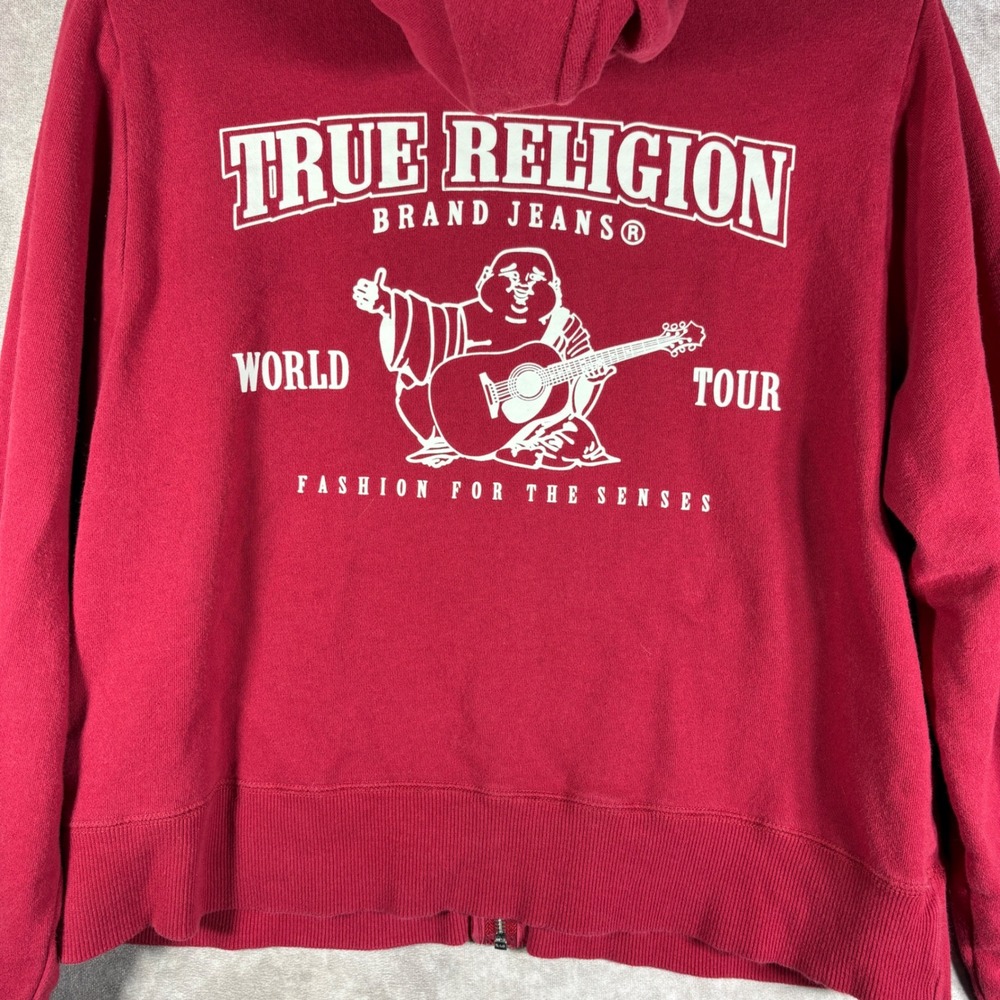 True Religion Hoodie Womens XL Red World Tour Full Zip Buddha Logo Y2K Style